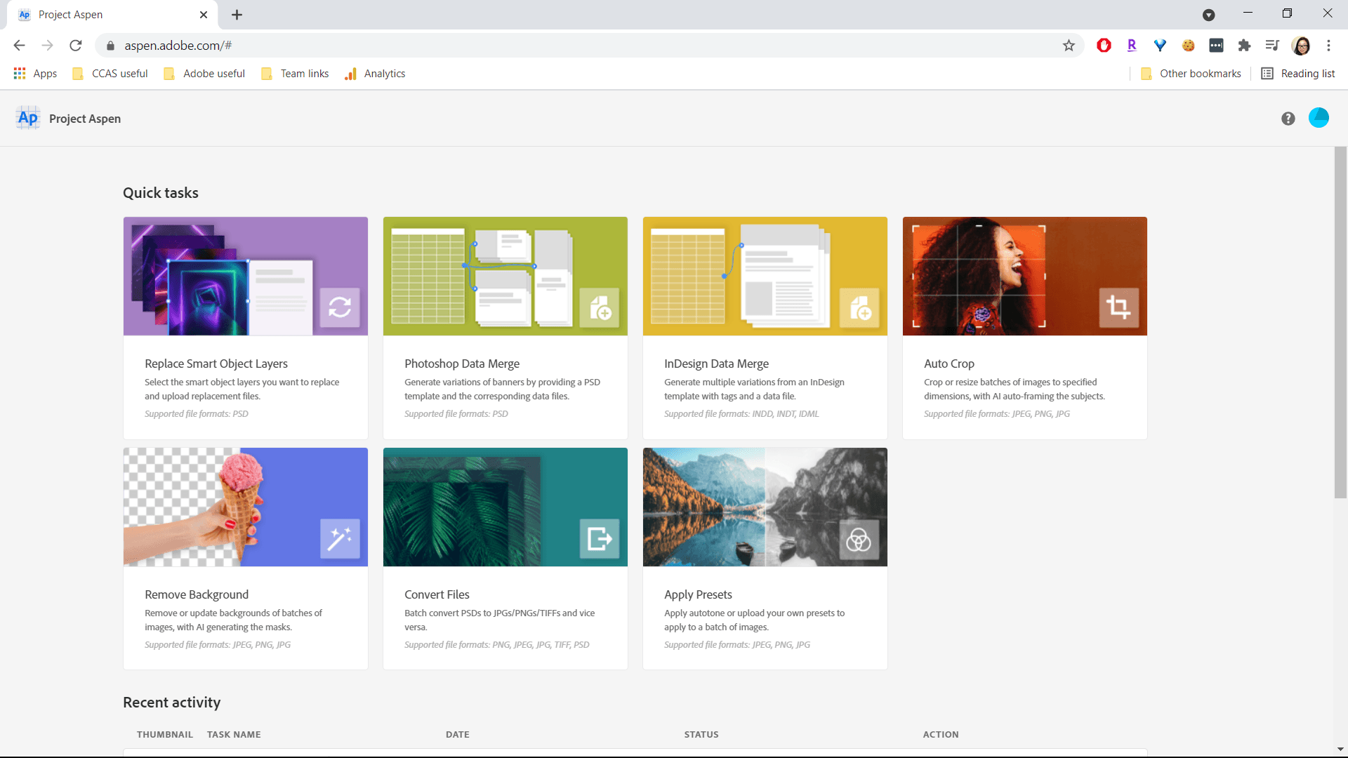 Creative Cloud Automation Services web application interface